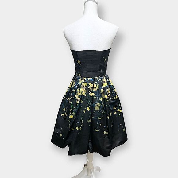 Parker Remi Black & Yellow Floral Satin Strapless Fit N Flare Cocktail Dress 2 - Picture 6 of 9